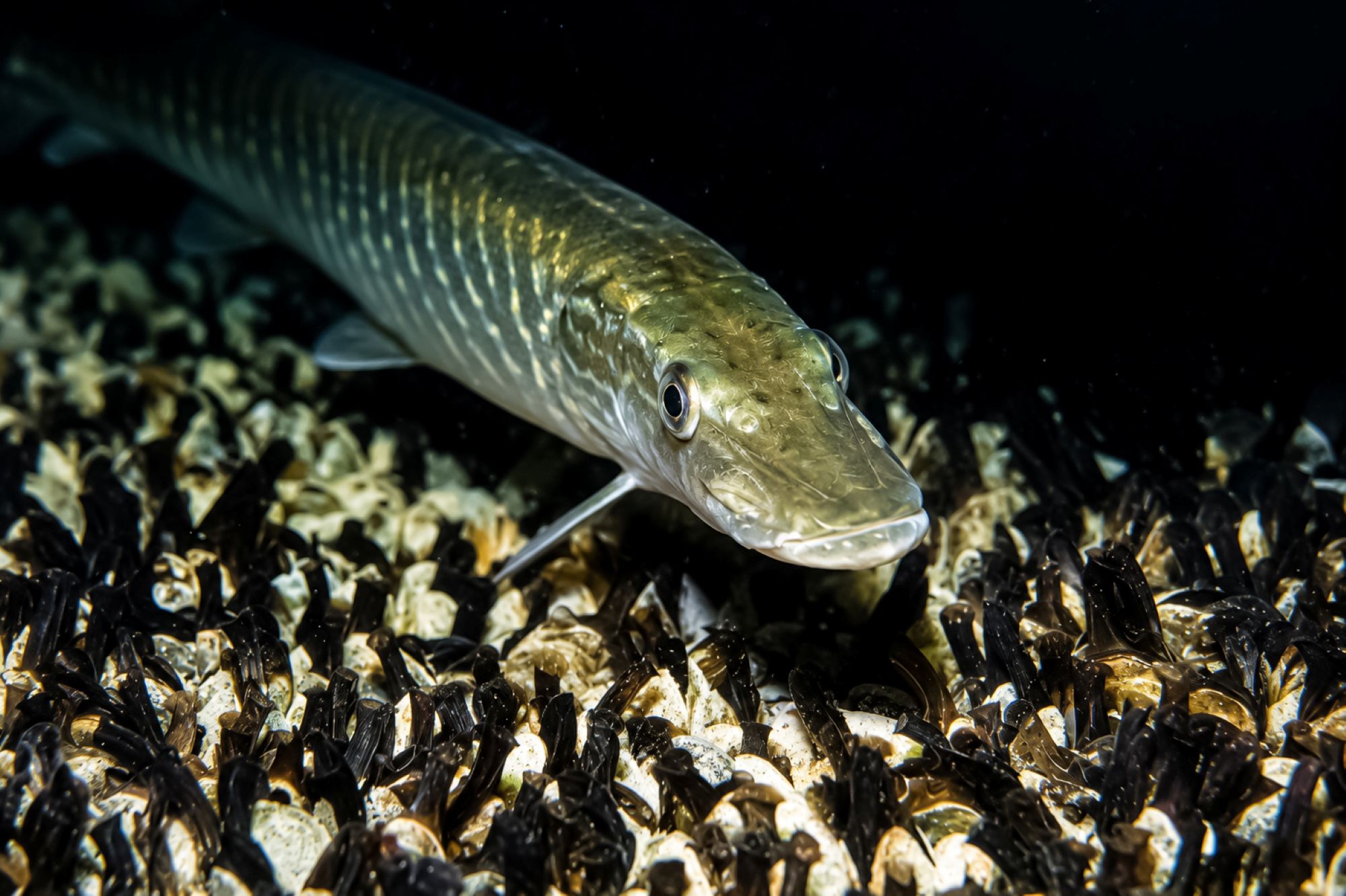 Hecht über einem Teppich von Quagga-Muscheln