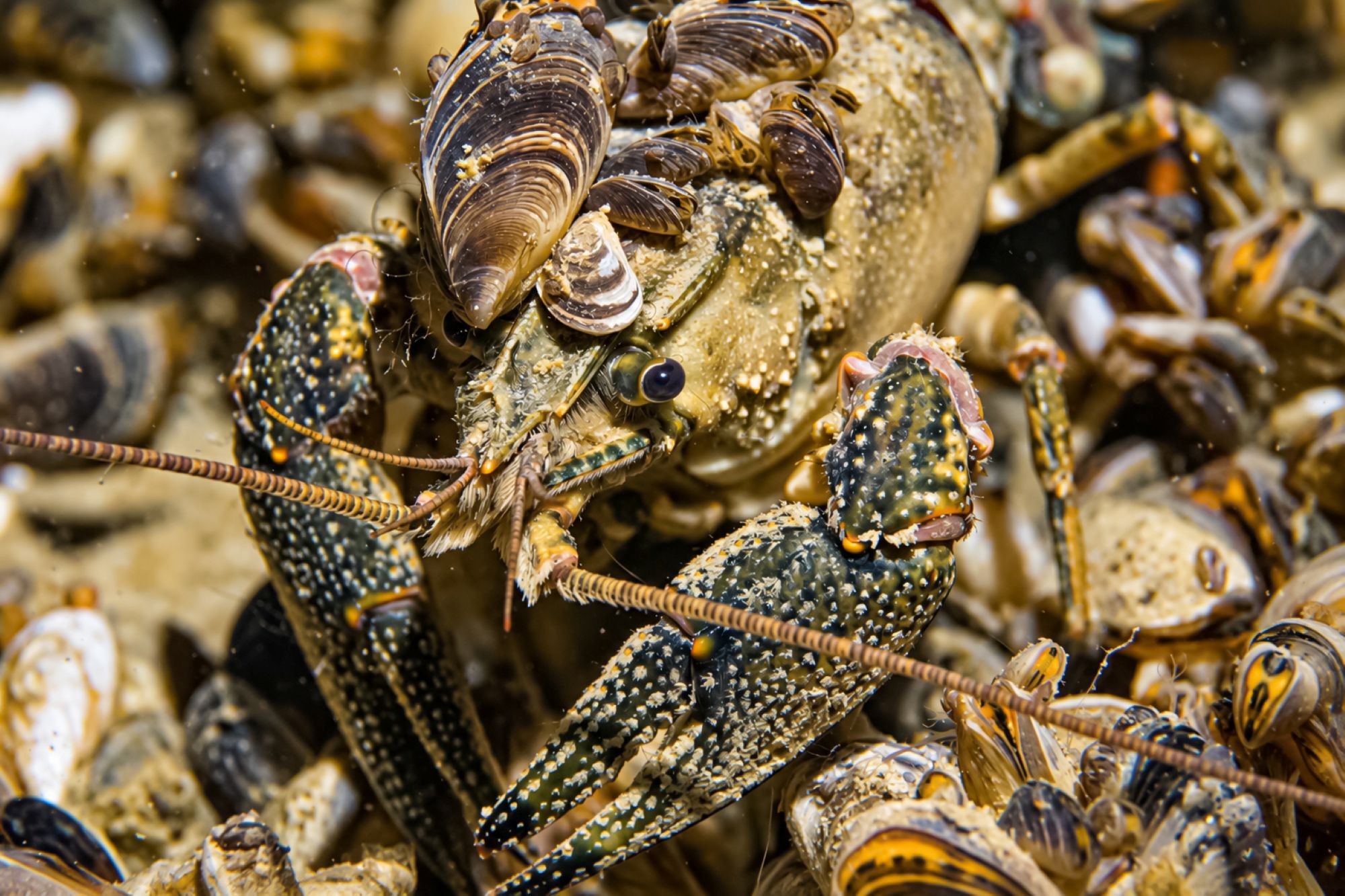 Kamberkrebs besiedelt von Quagga-Muscheln